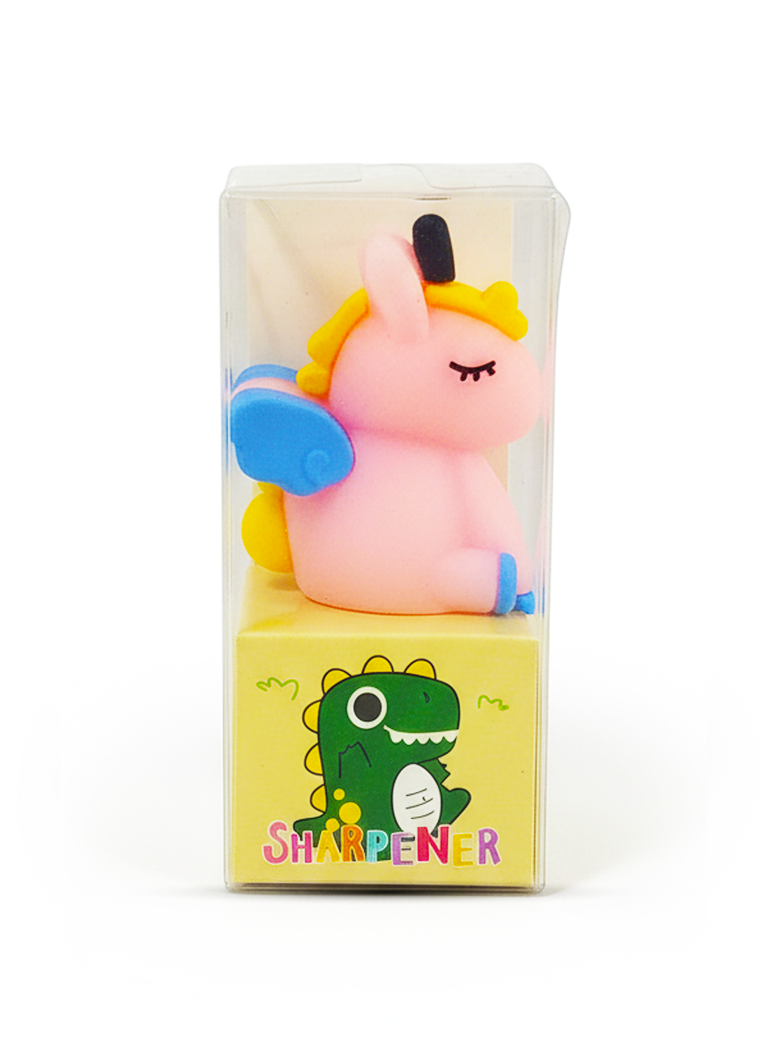 Unicorn-shaped sharpener with a dinosaur design on the packaging against a white background