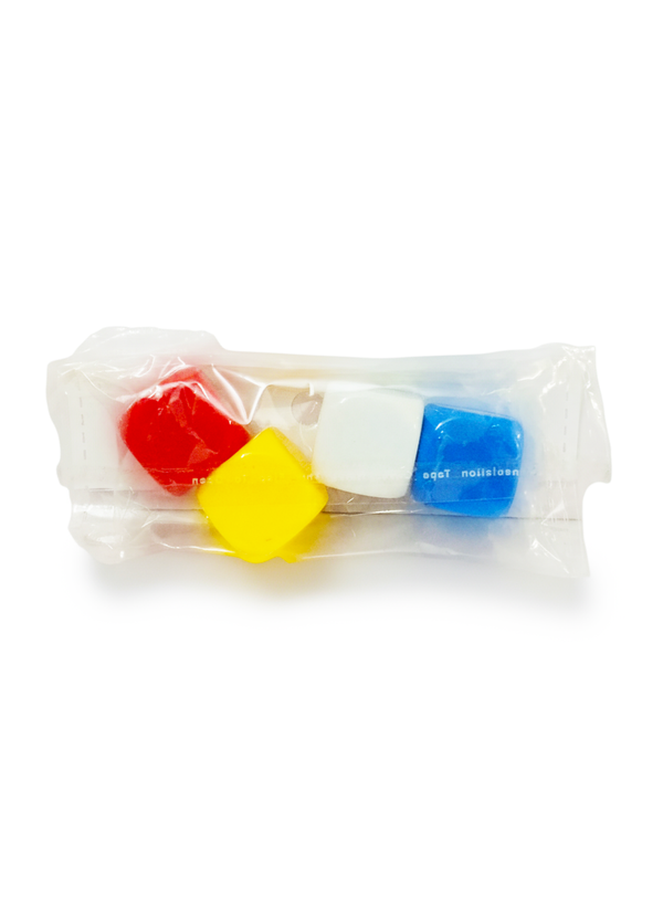Colorful pill-shaped candies in a clear plastic bag on a white background