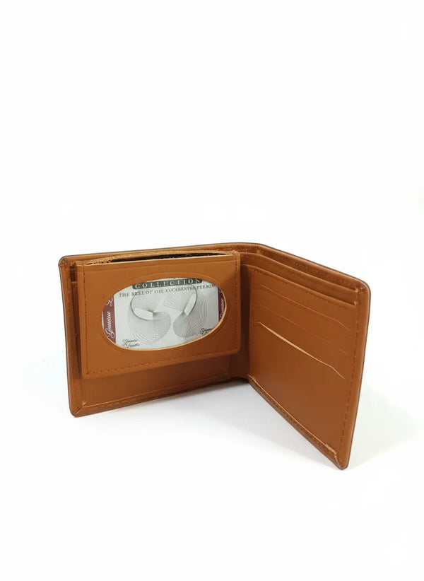 Brown leather wallet open on a white background