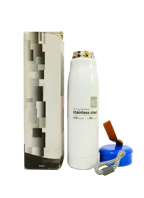 White stainless steel water bottle with packaging and accessories on a white background