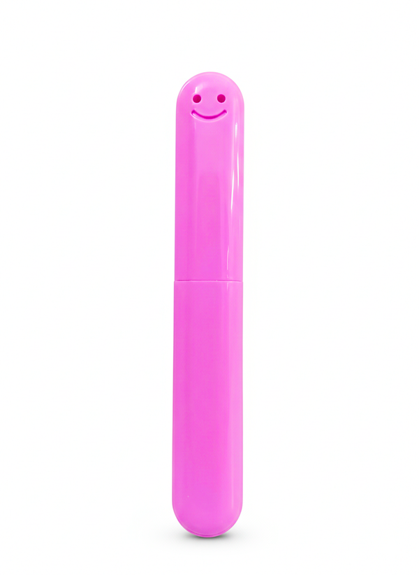 Pink cylindrical object with a smiley face on a white background
