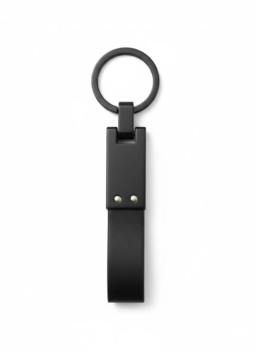 Black keychain with a ring on a white background