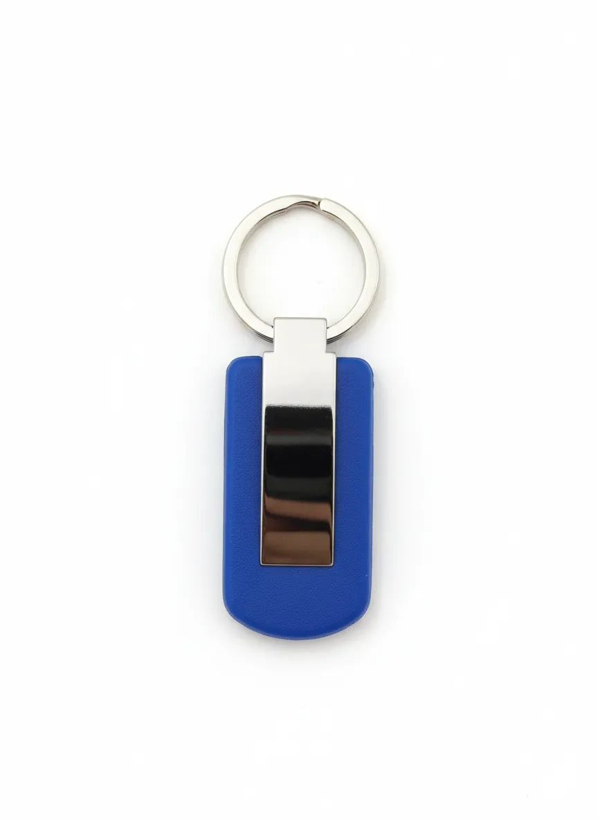 Blue keychain with silver ring on a white background