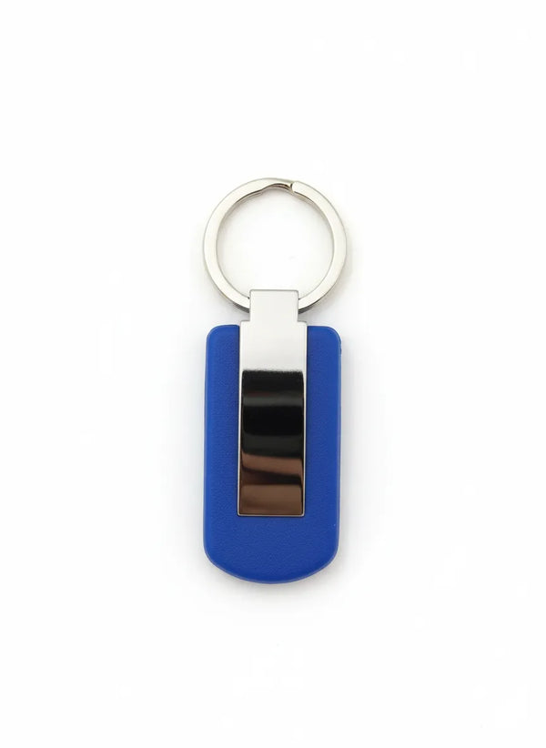 Blue keychain with silver ring on a white background