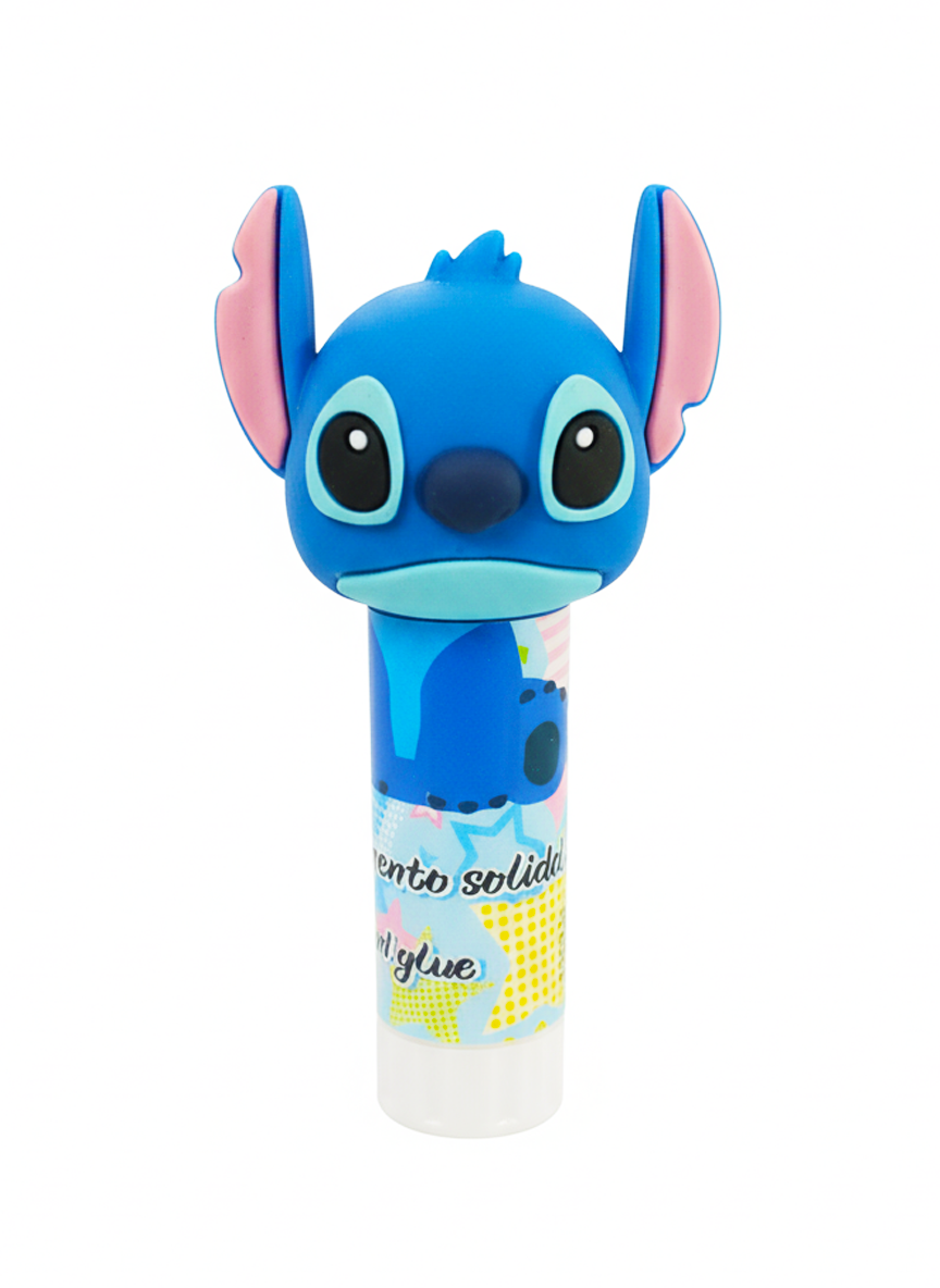 Blue character with pink ears holding a bottle of white glue on a white background
